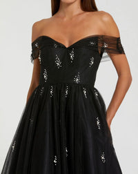 Off The Shoulder Embellished Tulle Cocktail Dress - Black