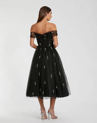 Off The Shoulder Embellished Tulle Cocktail Dress - Black