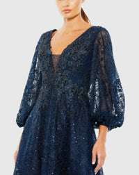 Embellished Plunge Neck Bishop Sleeve Dress - Midnight