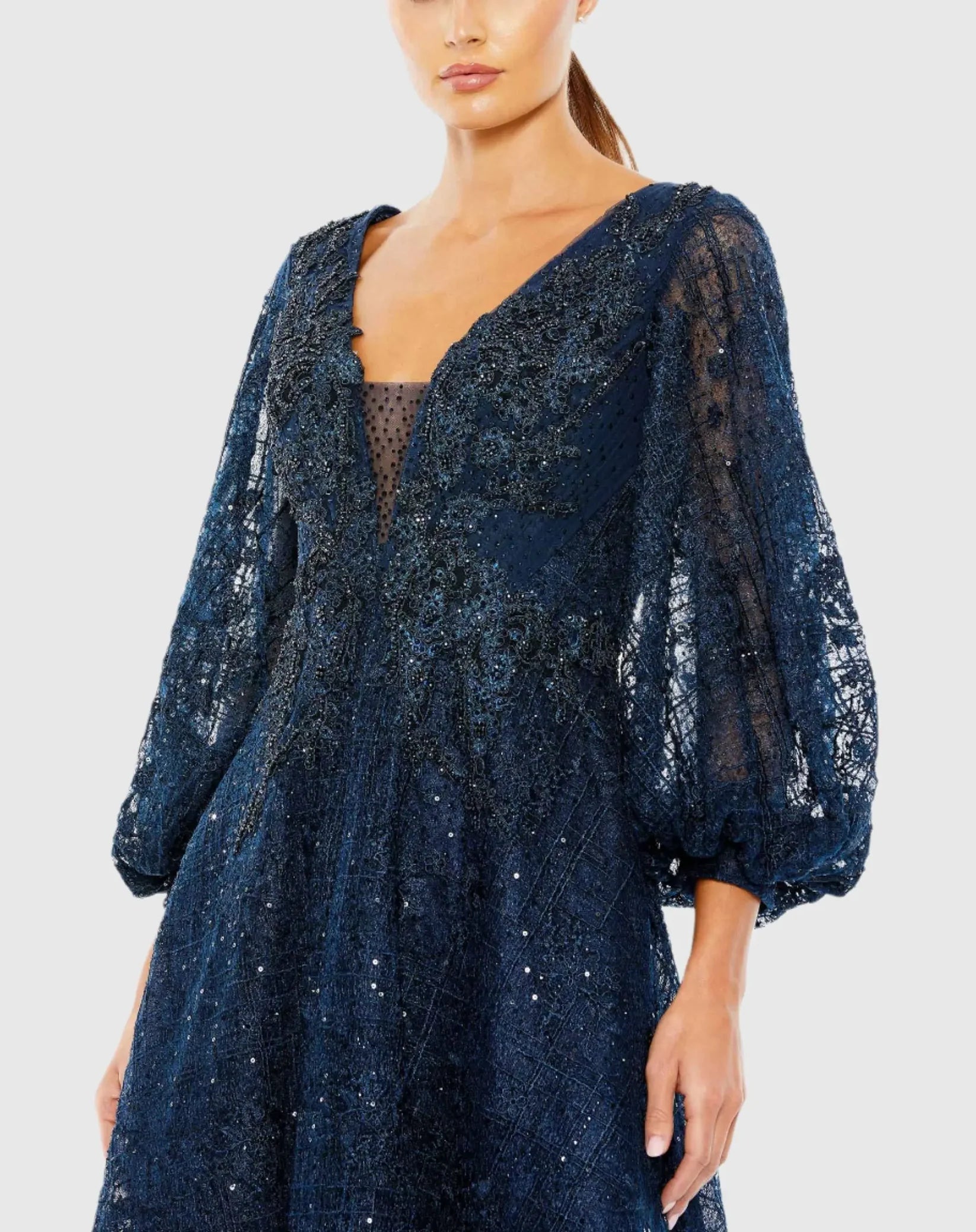 Embellished Plunge Neck Bishop Sleeve Dress - Midnight