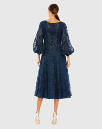 Embellished Plunge Neck Bishop Sleeve Dress - Midnight