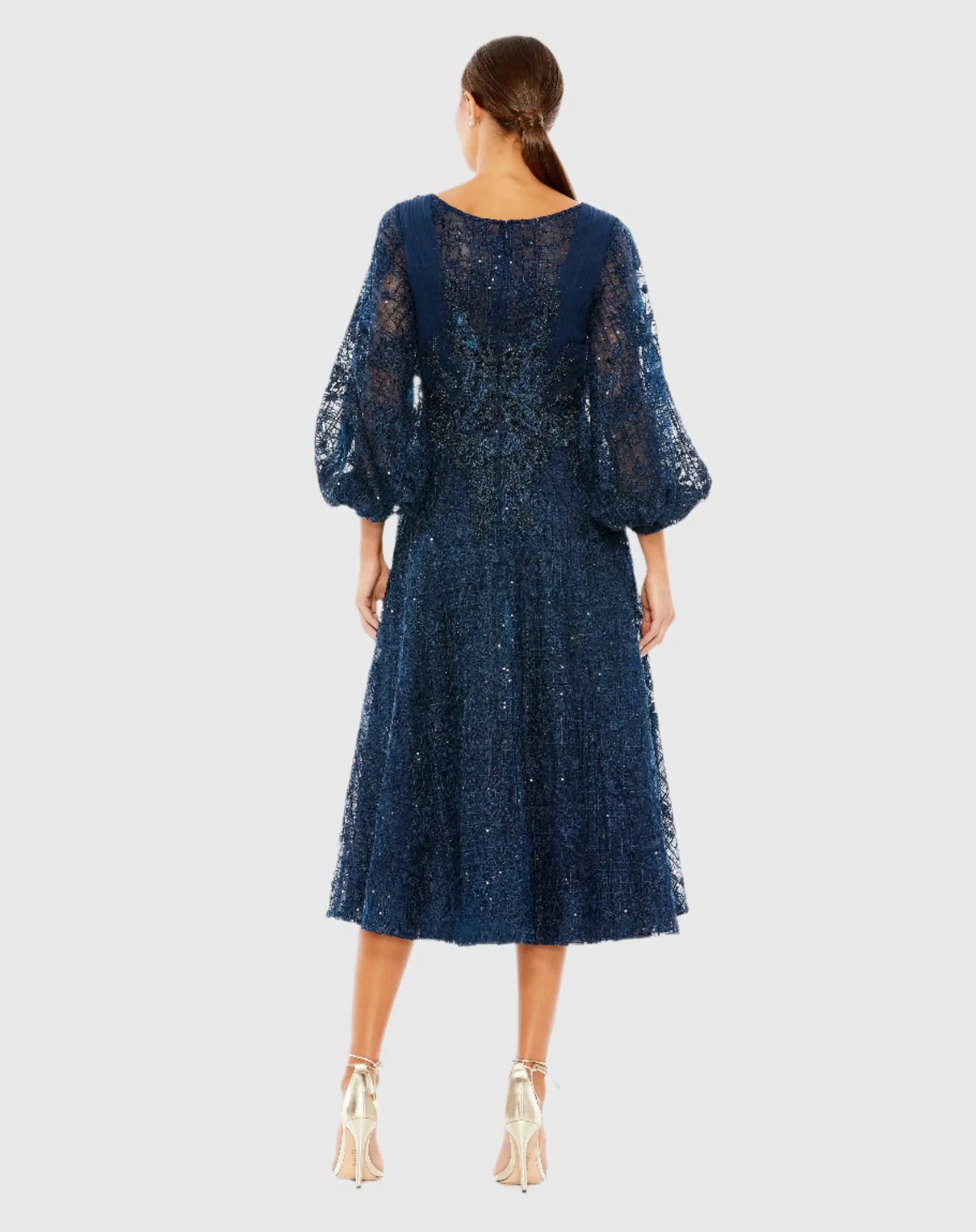 Embellished Plunge Neck Bishop Sleeve Dress - Midnight