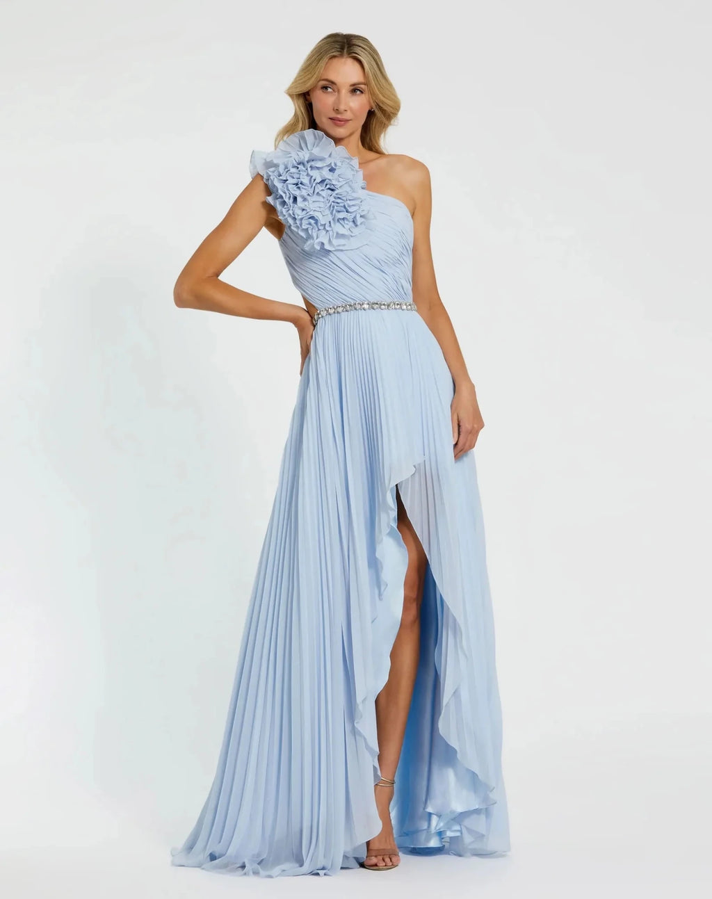 Mac Duggal Blue Floral Detail One Shoulder Gown With Side Slit Powder