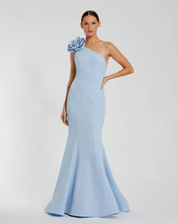 Mac Duggal Blue Crepe One Shoulder Mermaid Gown With 3D Flower #2304 Powder Blue