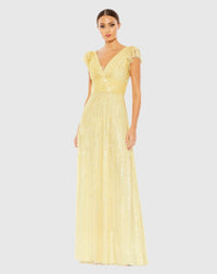 Mac Duggal Yellow Embellished Flutter Cap Sleeve A Line Gown #5646 Buttercream