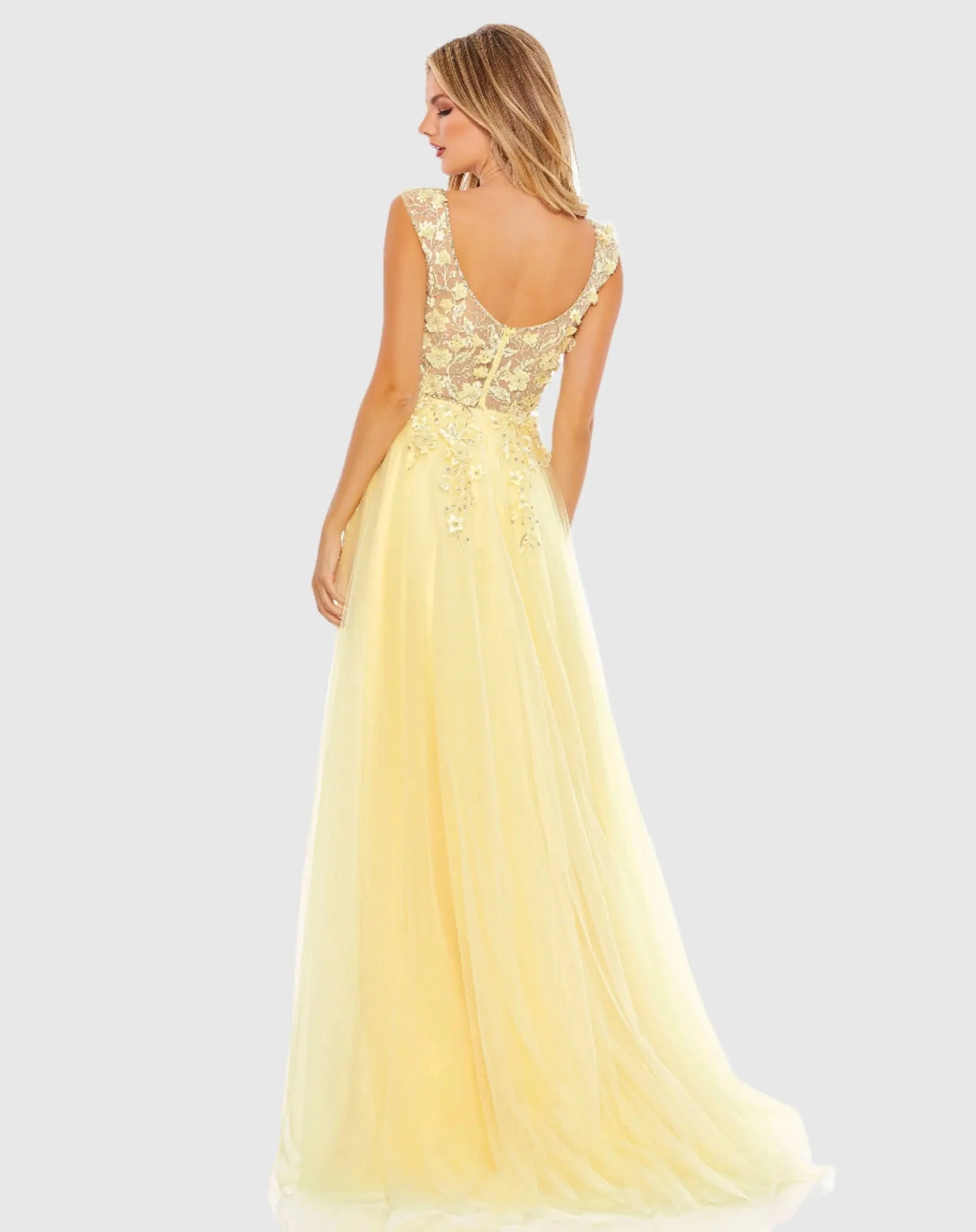 Embellished Illusion Bustier A Line Gown - Yellow