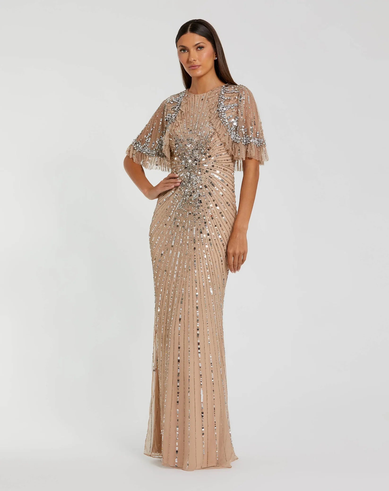 Mac Duggal Beige Embellished Mesh Fitted Gown With Capelet #23044 Nude Silver
