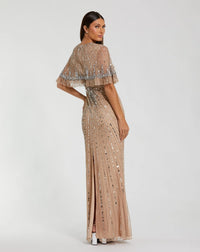 Embellished Mesh Gown With Cape - Nude