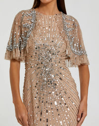Embellished Mesh Gown With Cape - Nude