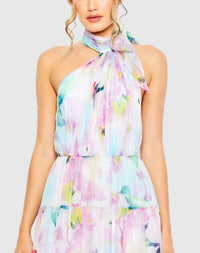 Floral Asymmetrical Halter Neck Tiered Gown - Multi