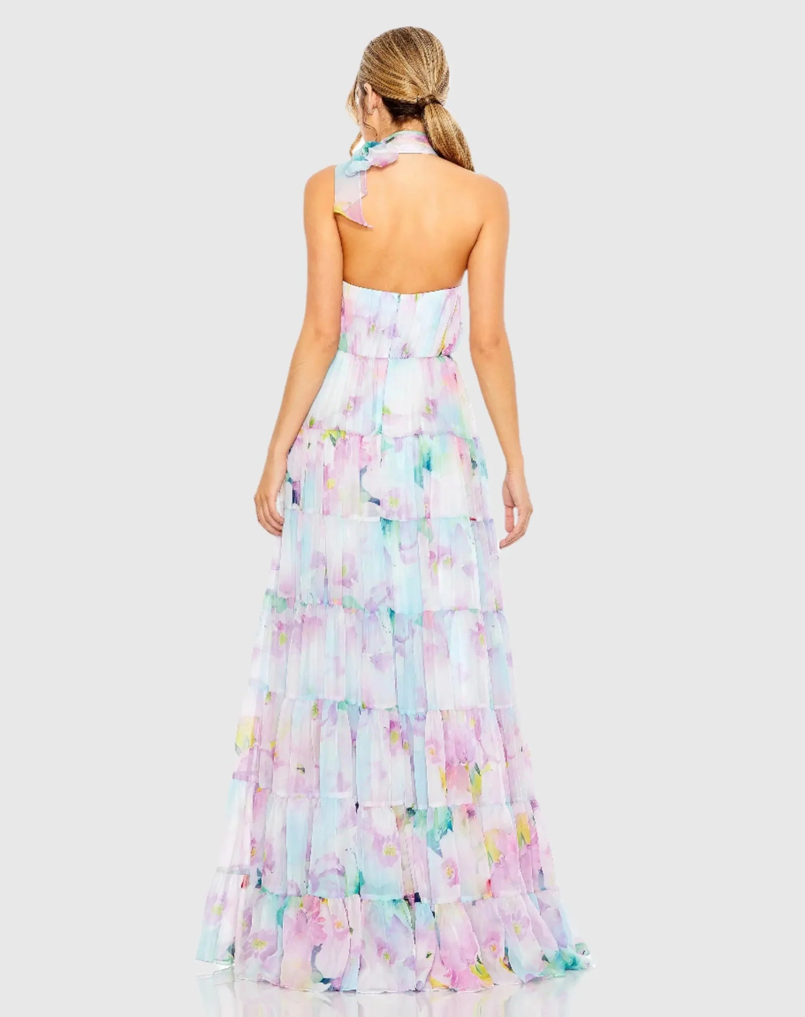 Floral Asymmetrical Halter Neck Tiered Gown - Multi