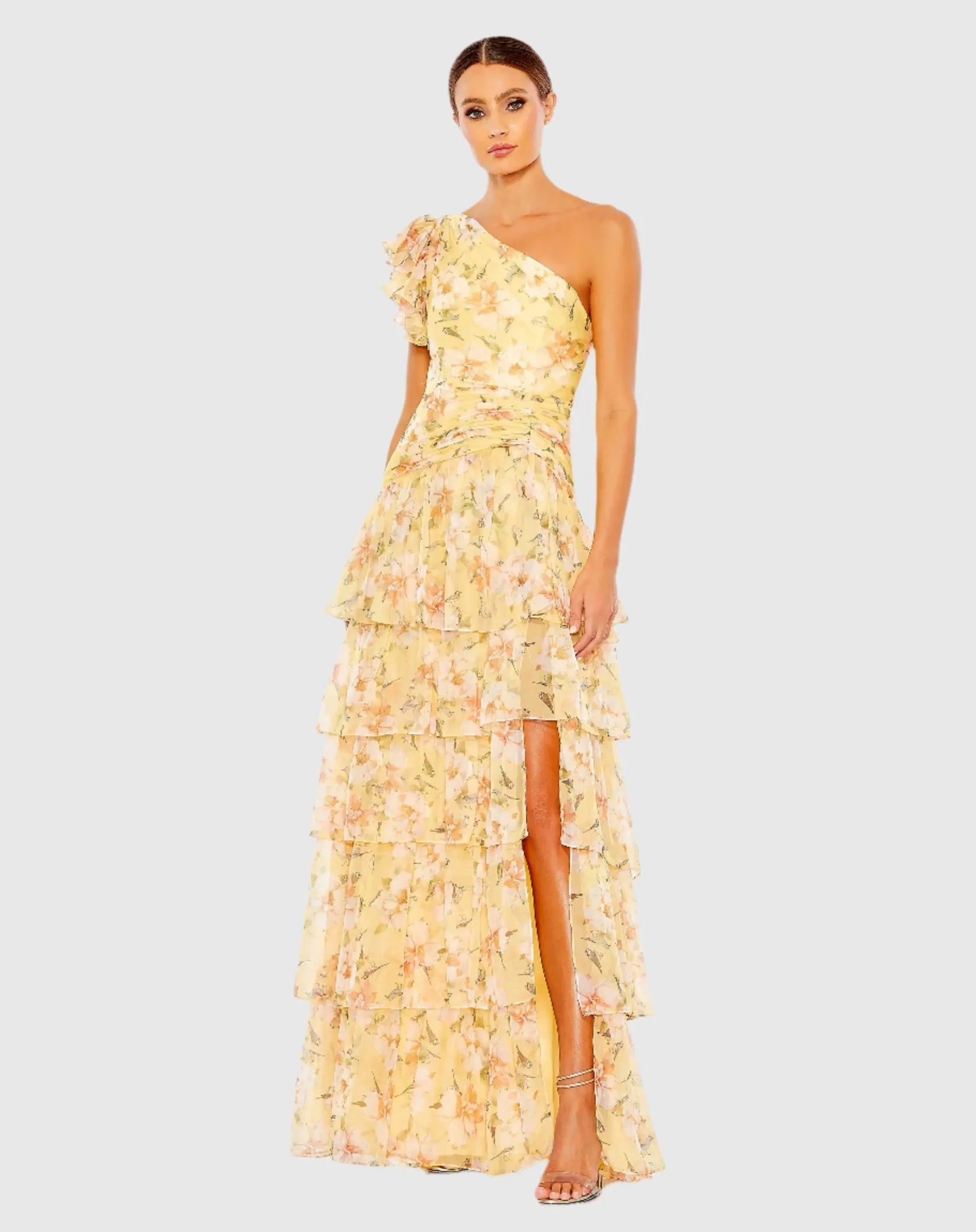 Mac Duggal Yellow Multicolor Floral Print Ruffle Tiered One Shoulder Gown #55810 Lemon Yellow