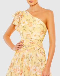 Asymmetric Floral Print Ruffle Gown - Yellow