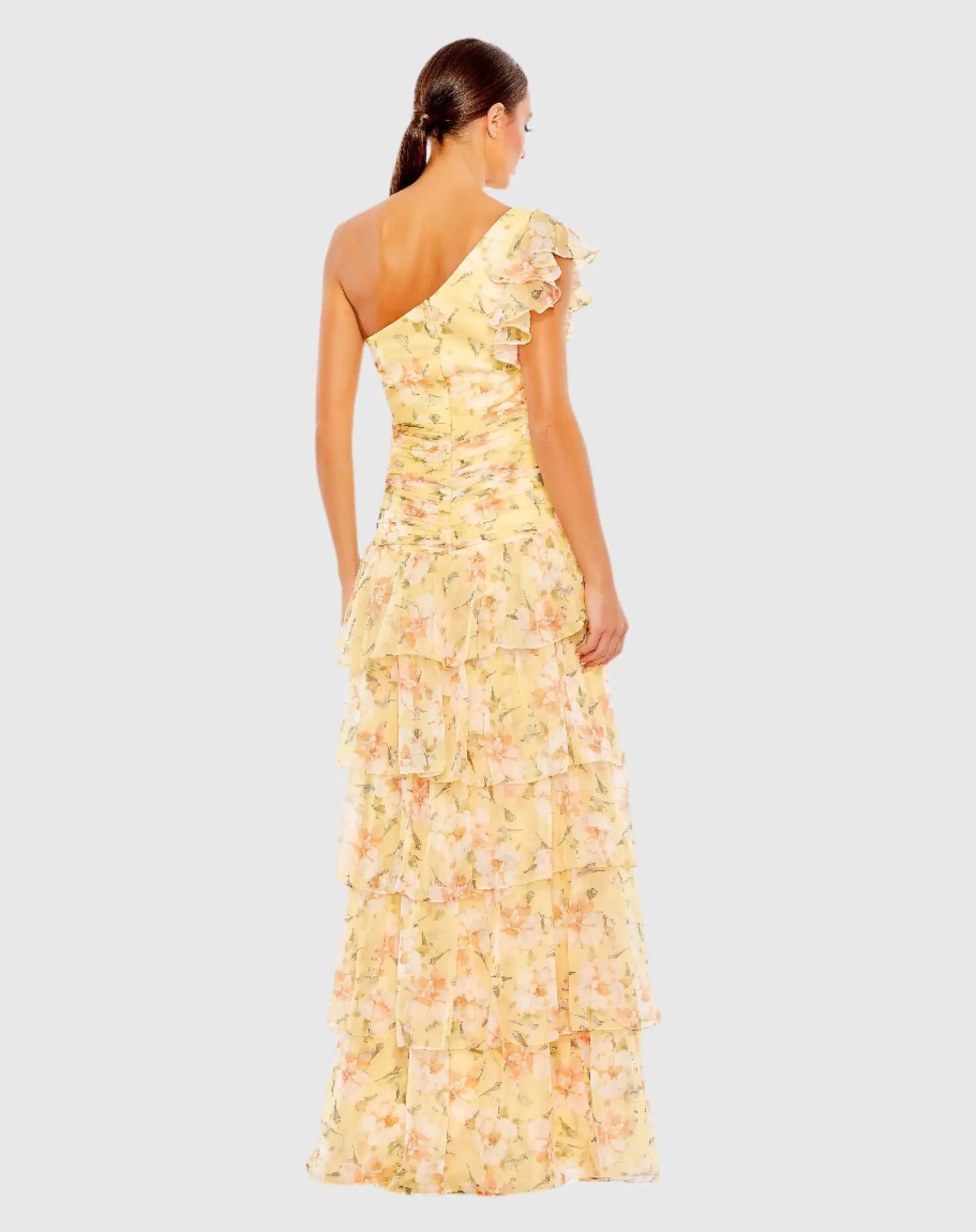 Asymmetric Floral Print Ruffle Gown - Yellow