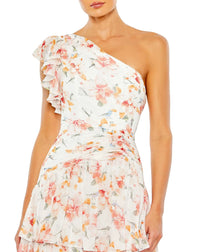 Asymmetric Floral Print Ruffle Gown - Yellow