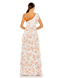Asymmetric Floral Print Ruffle Gown - Yellow
