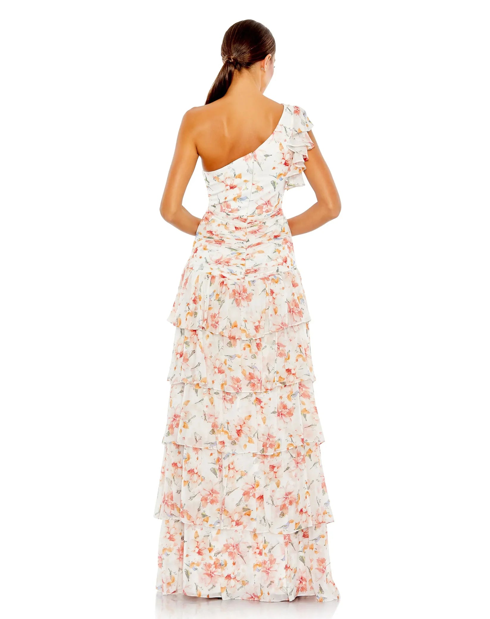 Asymmetric Floral Print Ruffle Gown - Yellow