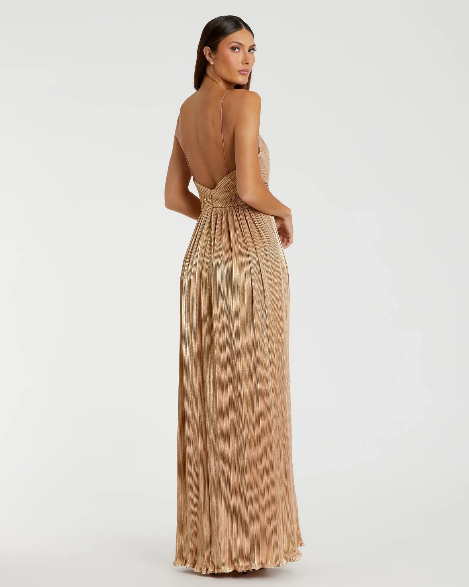 Metallic Ruched A Line Gown - Gold
