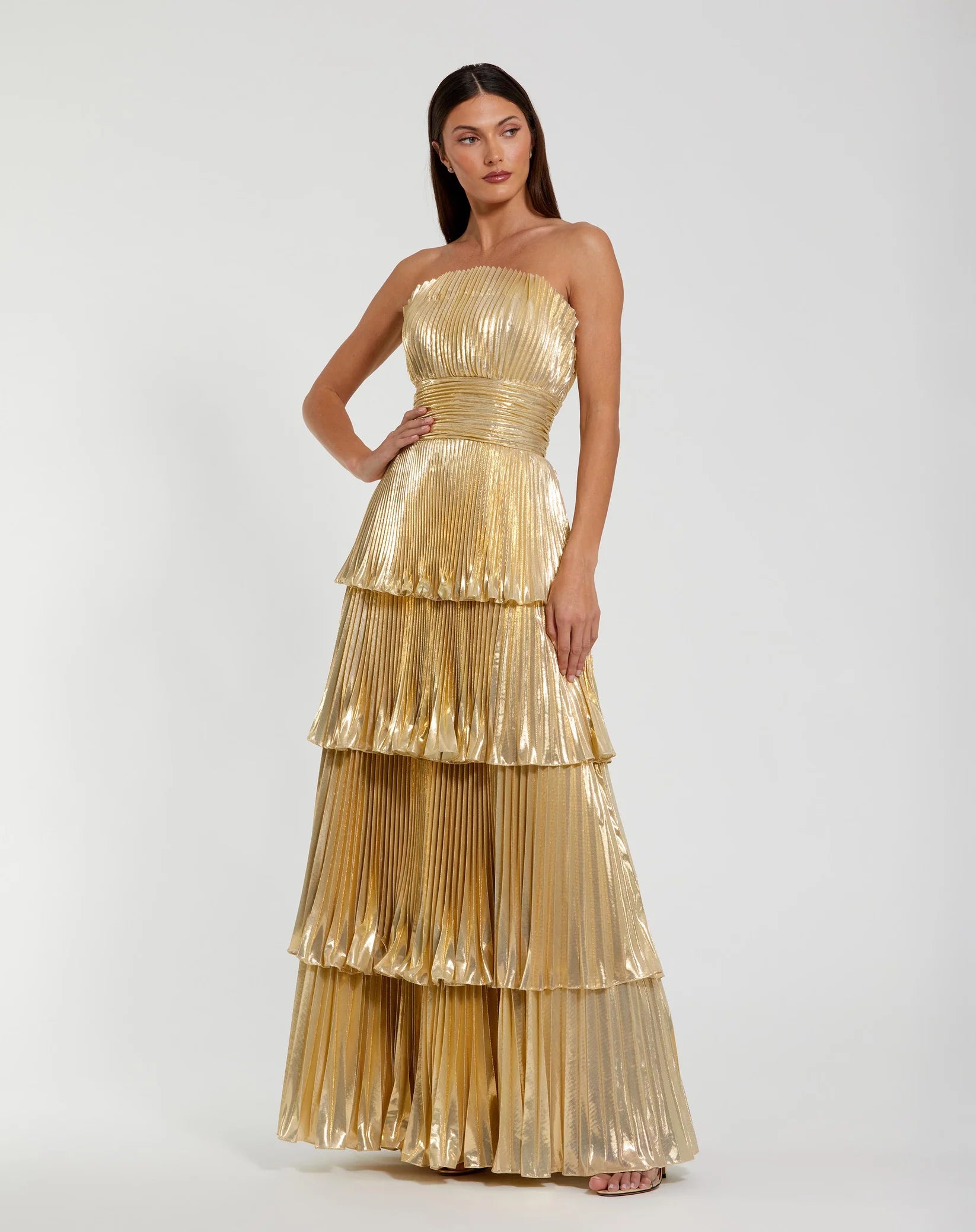 Mac Duggal Gold Strapless Pleated Metallic Layered Ruffle Gown #49911 Gold