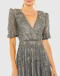 Puff Quarter Length Sleeve V-Neck Dress - Cinnamon