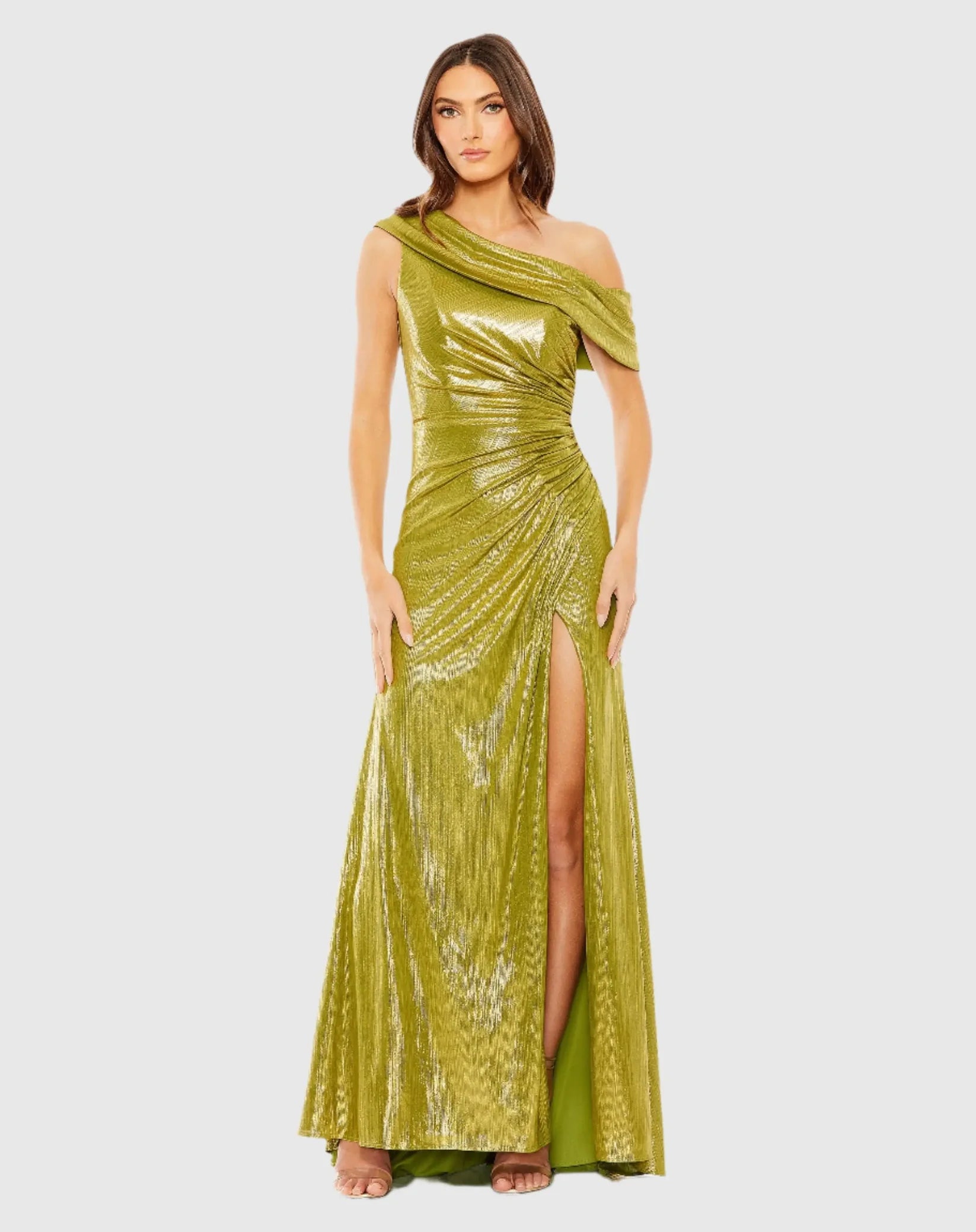 Mac Duggal Off The Shoulder Ruched Waist Slit Metallic Gown #27152 Apple Green