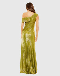 Off The Shoulder Ruched Waist Slit Metallic Gown - Apple Green