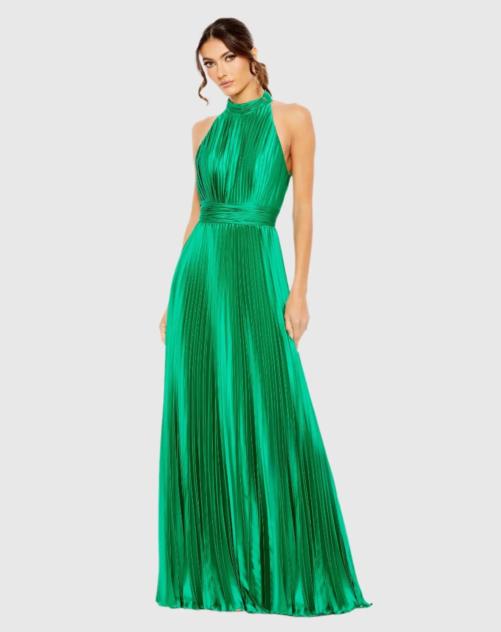 Mac Duggal Pleated High Neck Satin Sleeveless Halter Gown #26992 Spring Green