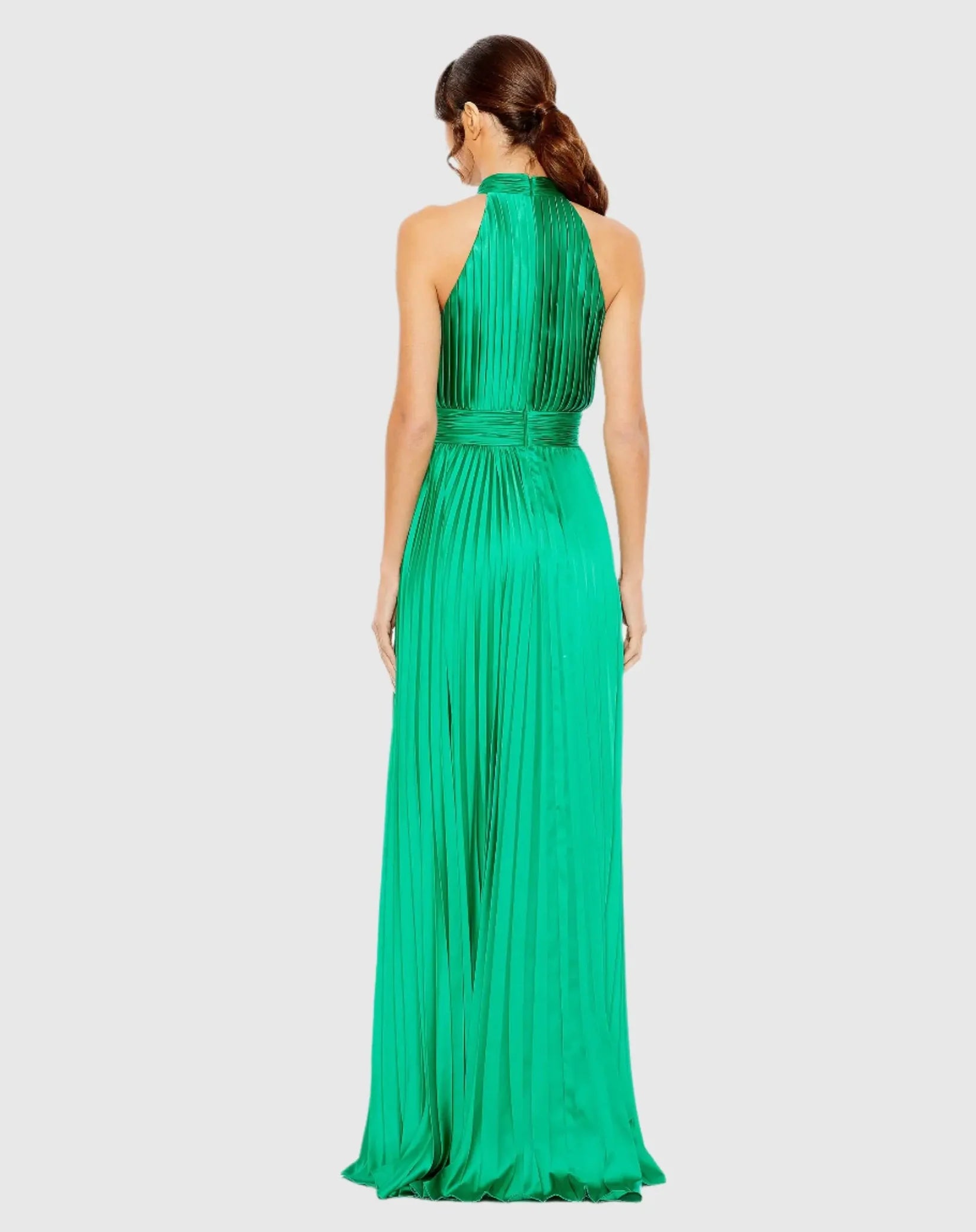 Pleated High Neck Satin Halter Gown - Sunet