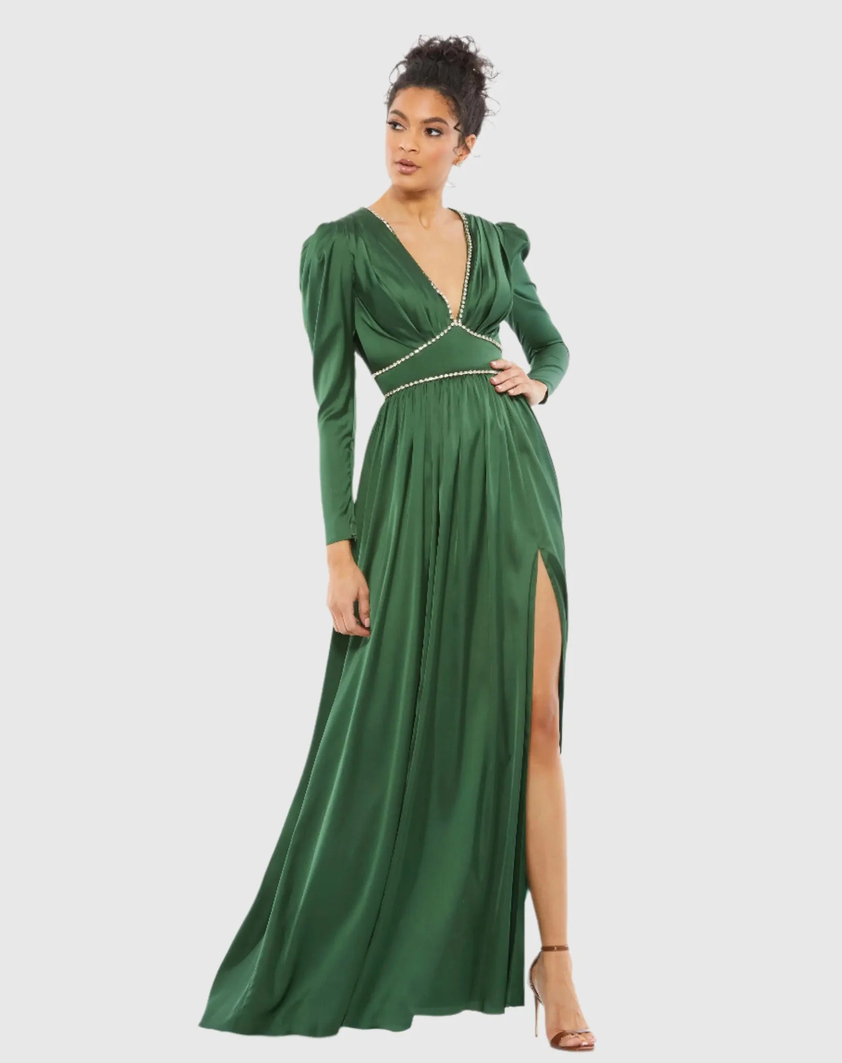 Mac Duggal Rhinestone Trim Puff Sleeve Gathered Gown Emerald Green #55702