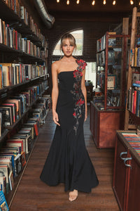 Off The Shoulder Embroidered Mermaid Gown - Black Floral