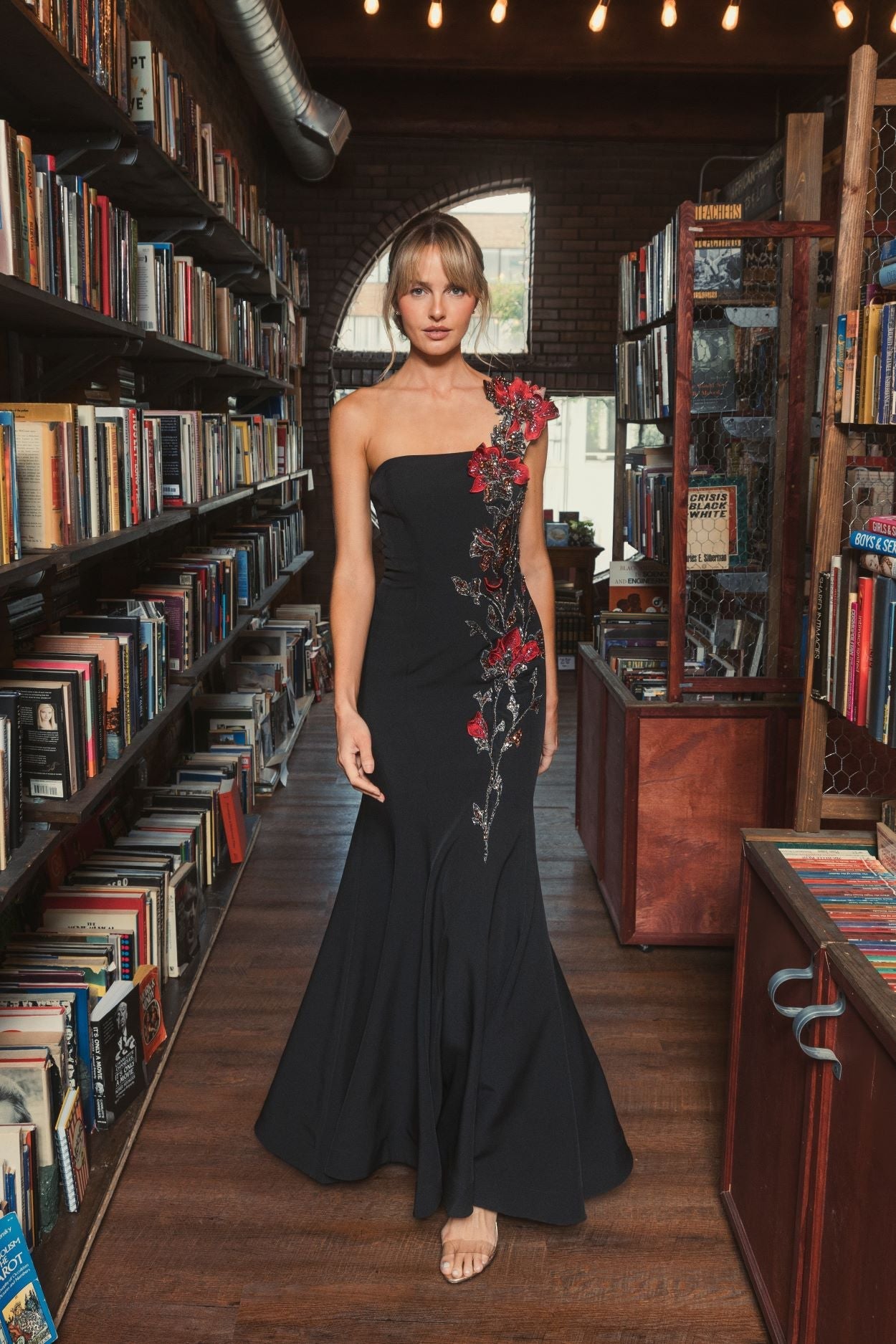 Off The Shoulder Embroidered Mermaid Gown - Black Floral