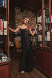 Off The Shoulder Embroidered Mermaid Gown - Black Floral