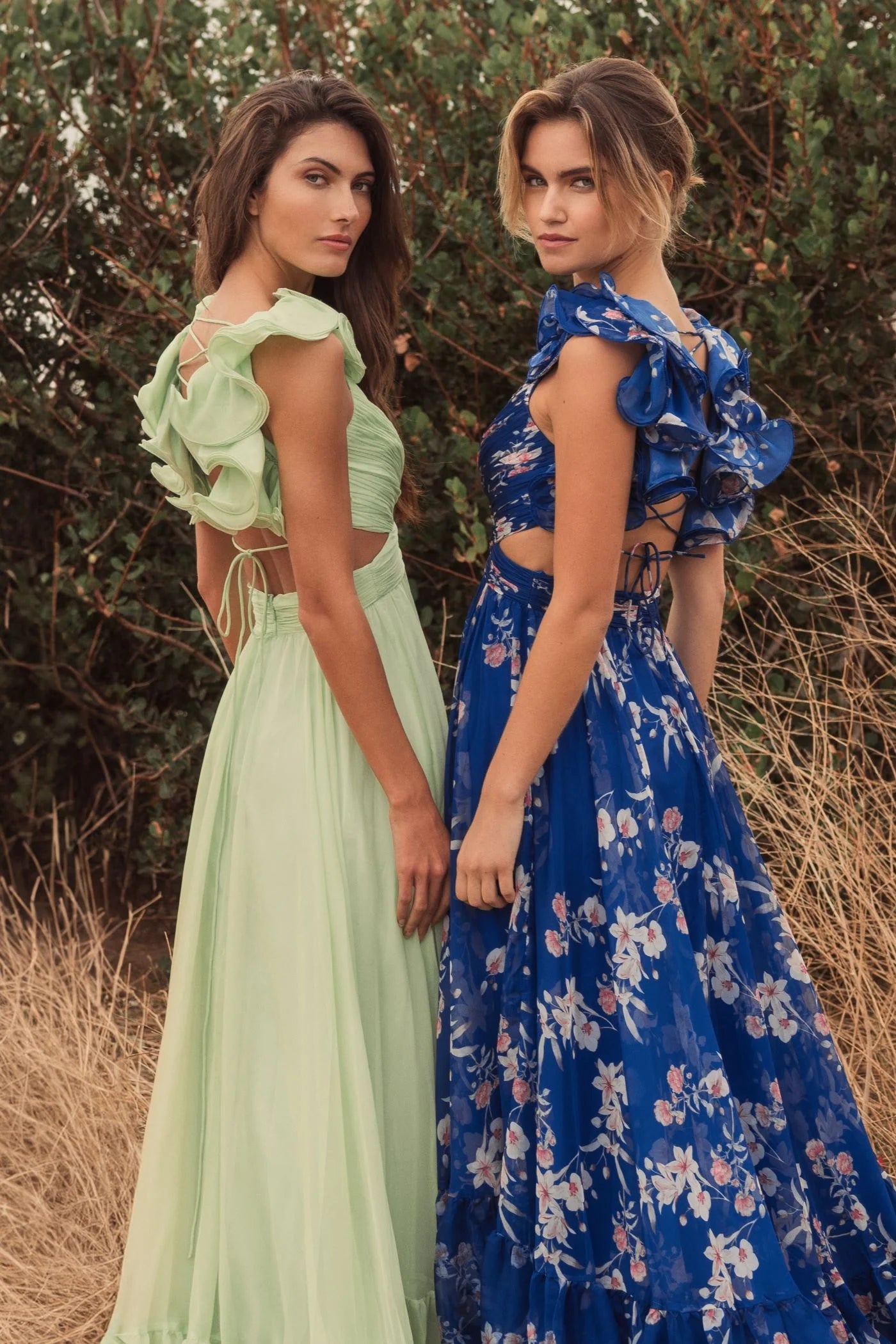 Ruffle tiered floral cut-out chiffon gown - Blue