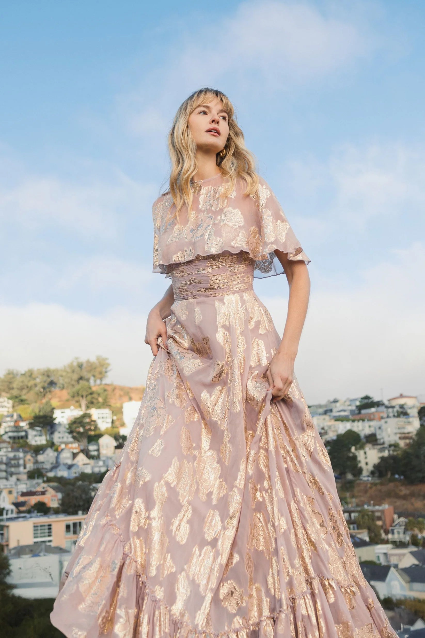 Cape A Line Floral Chiffon Gown - Lilac