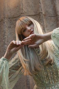 Boat Neck Long Sleeve Gown With Striped Beading - Peach