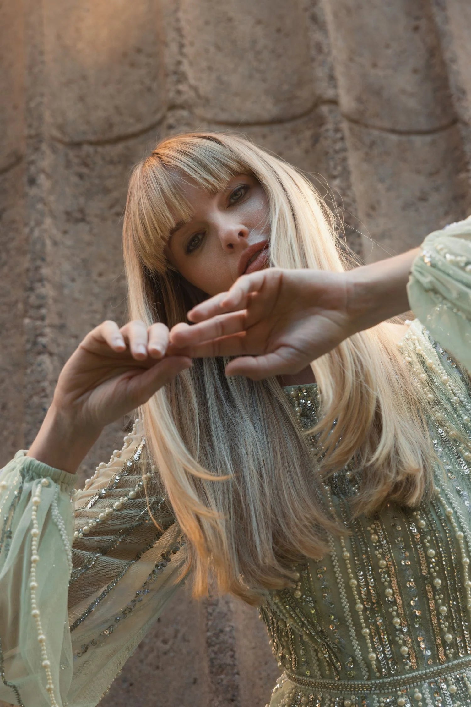 Boat Neck Long Sleeve Gown With Striped Beading - Peach