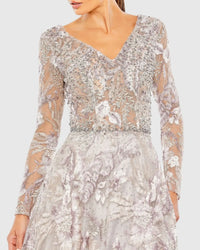 Long Sleeve Beaded Applique Gown - Grey