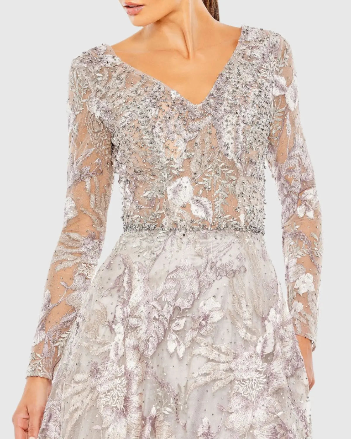 Long Sleeve Beaded Applique Gown - Grey