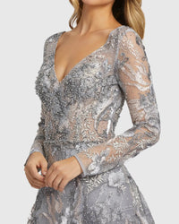 Long Sleeve Beaded Applique Gown - Grey