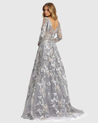 Long Sleeve Beaded Applique Gown - Grey