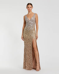 Mac Duggal #1068 Sexy Sequin Sleeveless Plunge Neck Gown - Gold