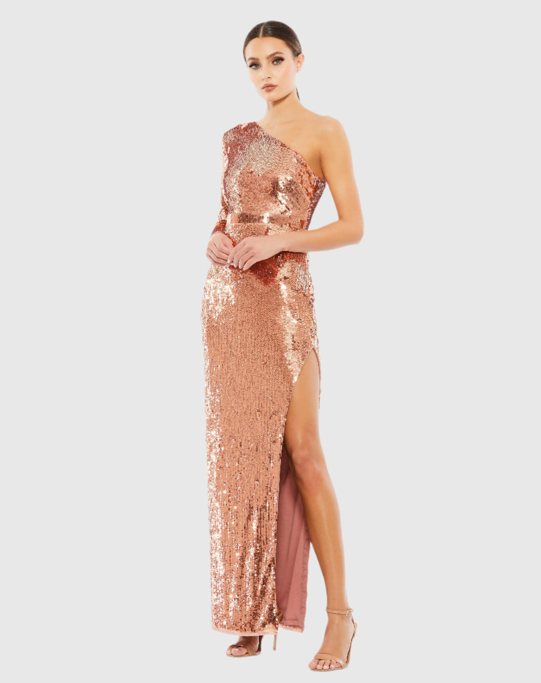Mac Duggal #10788 Sequined One Sleeve Column Gown Copper