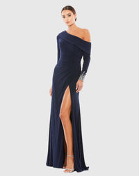 Mac Duggal #12231 Beaded Cuff Drop Shoulder Faux Wrap Gown - Midnight