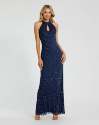 Mac Duggal #23018 Embellished Halter Neck Keyhole Gown Navy