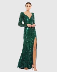 Mac Duggal #5379 Sequined Sweetheart Long Sleeve Gown Emerald Green