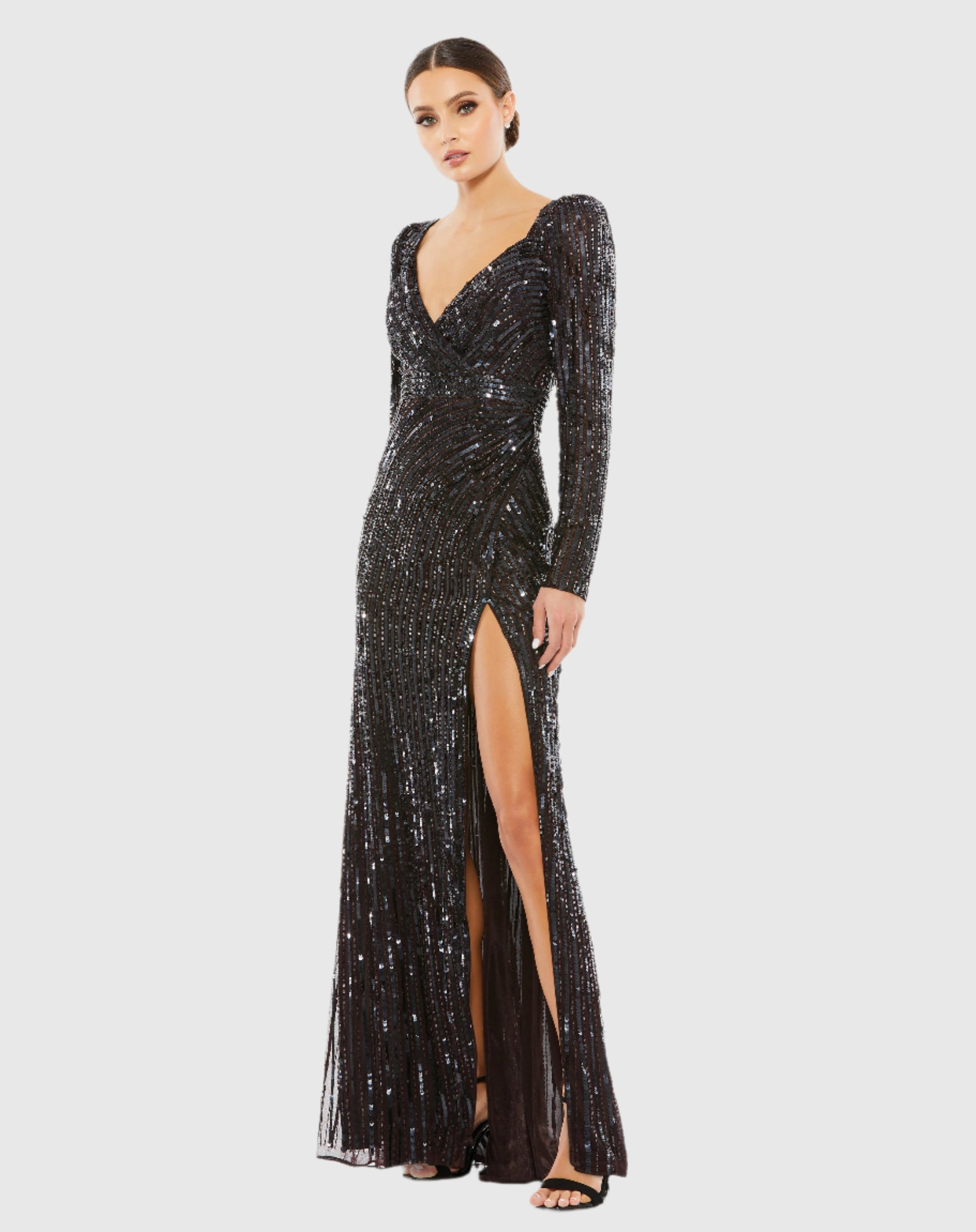 Mac Duggal #5379 Sequined Sweetheart Long Sleeve Gown Espresso