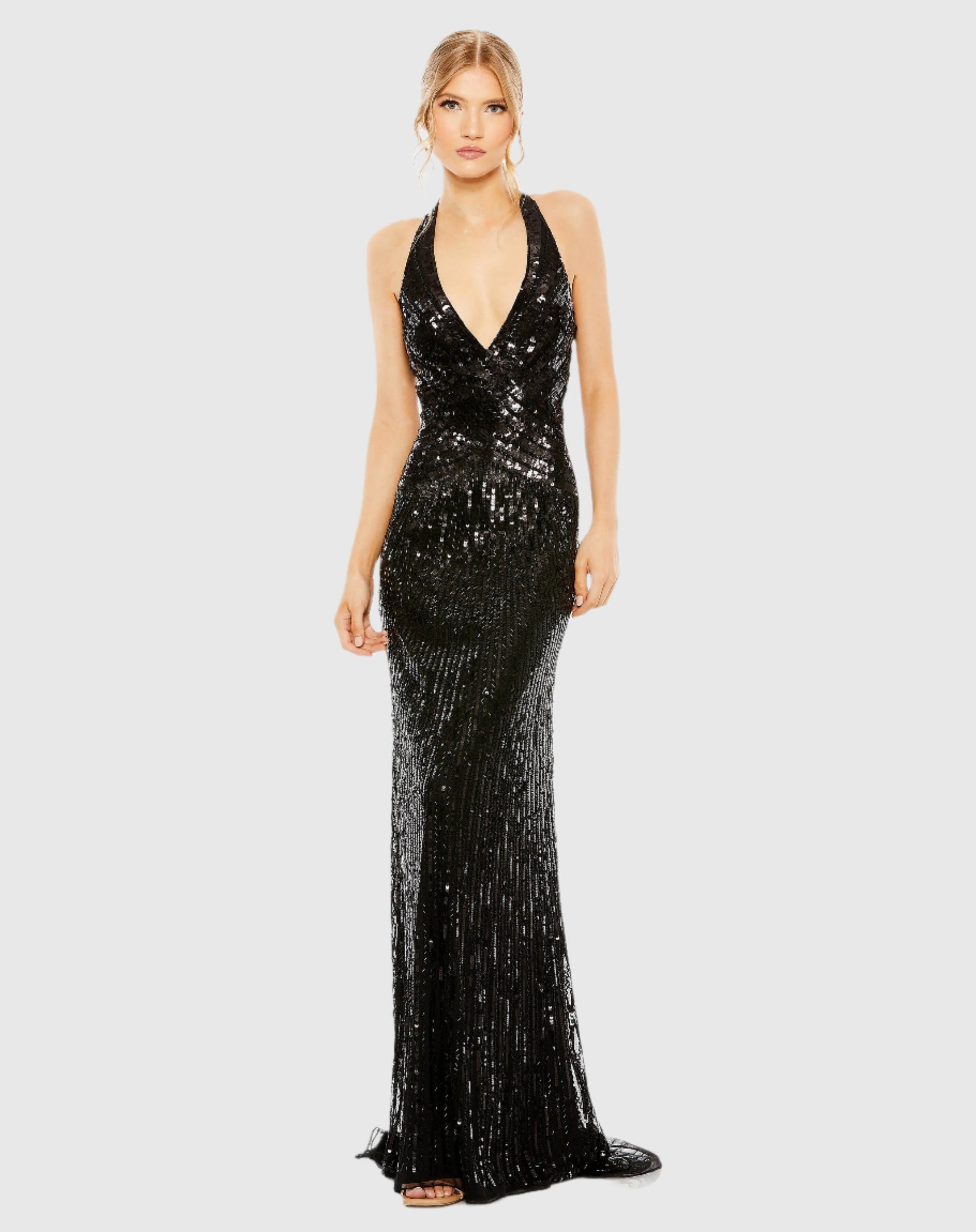 Mac Duggal #5390 Sleeveless Faux Wrap Sequin Embellished Cut Out Back Black