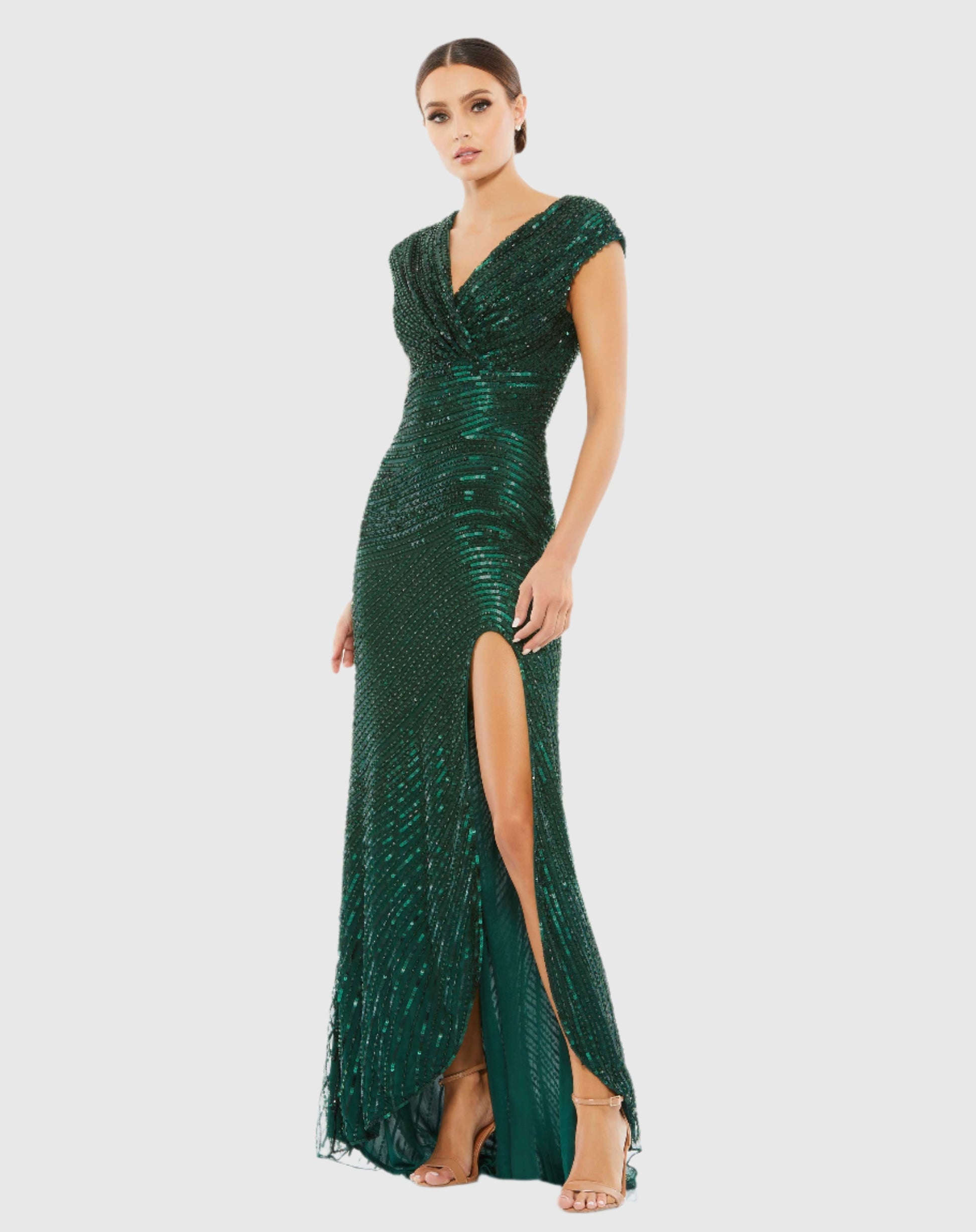 Mac Duggal  #5441 Cap Sleeve Long Sequin Evening Gown, Emerald Green
