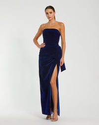 Mac Duggal #55080 Strapless High Slit Draped Velvet Gown - Cobalt