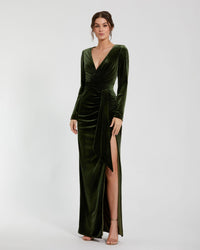 Mac Duggal #56143 Long Sleeve Deep V Draped Velvet Gown